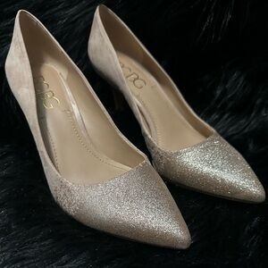 BCBG nude heels with gold shimmer